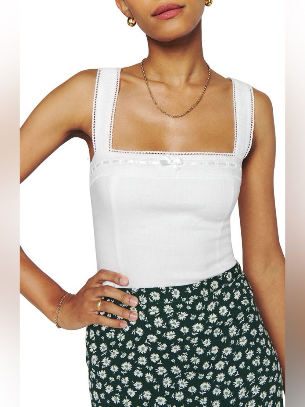 Reformation Eloise Linen Lace Trim Tank Top White Size 12 Bow Cottagecore Summer